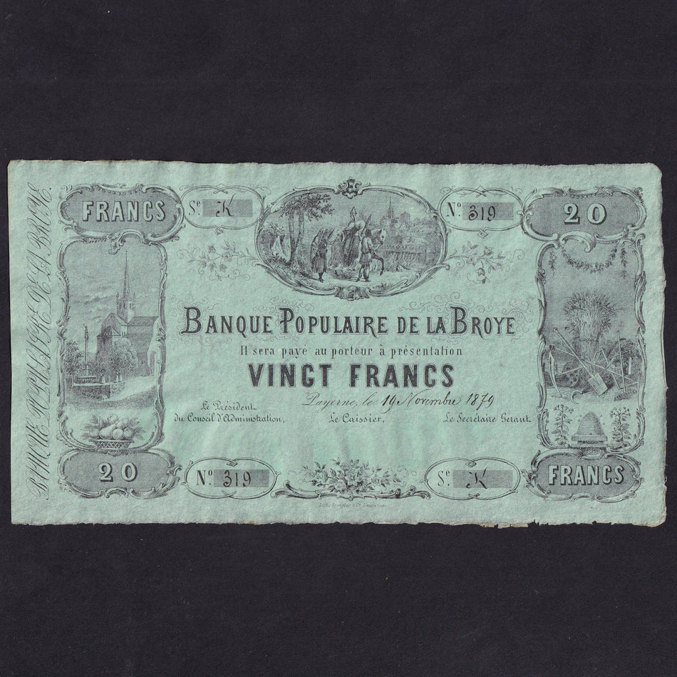 Switzerland (PS572r) Bank Populaire de la Broye, 20 Francs, 1879, unissued, Good EF