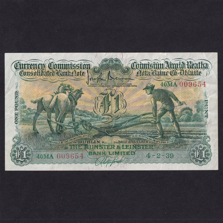 Ireland (P20b) The Munster & Leinster Bank Limited, £1, 4th February 1939, ploughman, 40MA 009654, PMI CML 7, A/EF