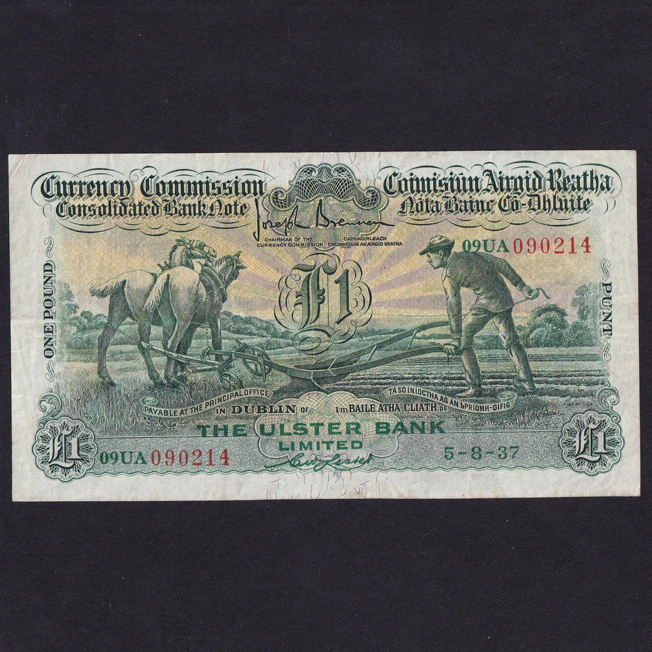 Ireland (P50b) Ulster Bank, £1, 5th August 1937, ploughman, 09AU 090214, PMI CUB 7, Good Fine
