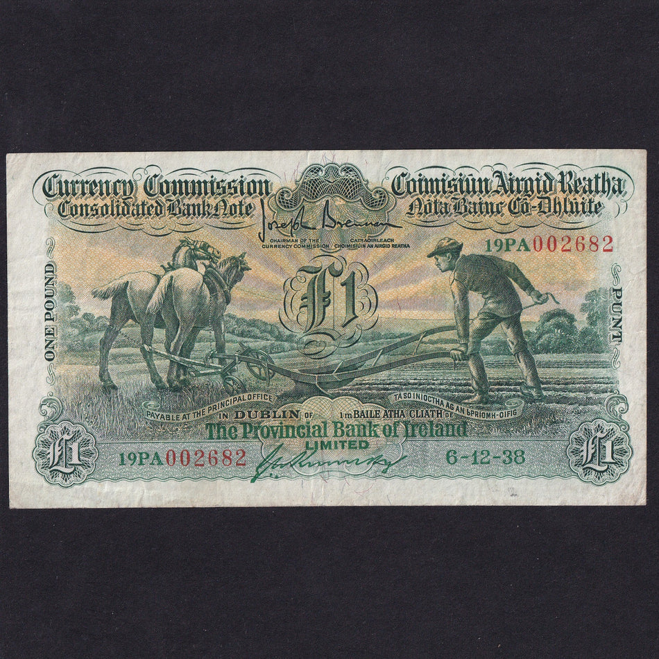 Ireland (P38c) Provincial Bank of Ireland, £1, 6th December 1938, ploughman, 19PA 002682, PMI CPB, Good Fine