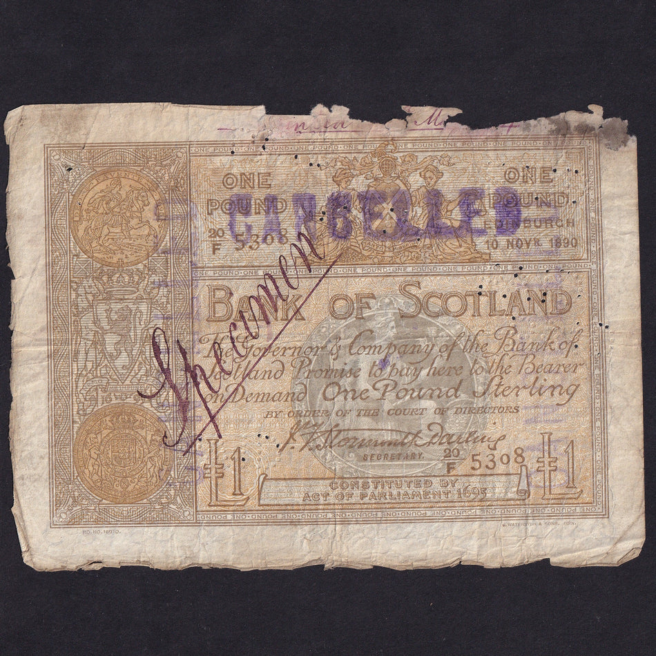Scotland (P81as) Bank of Scotland, £1 cancelled for use as specimen, 10th November 1890, Stormouth Darling, no20F 5368, PMS BA89s, Poor