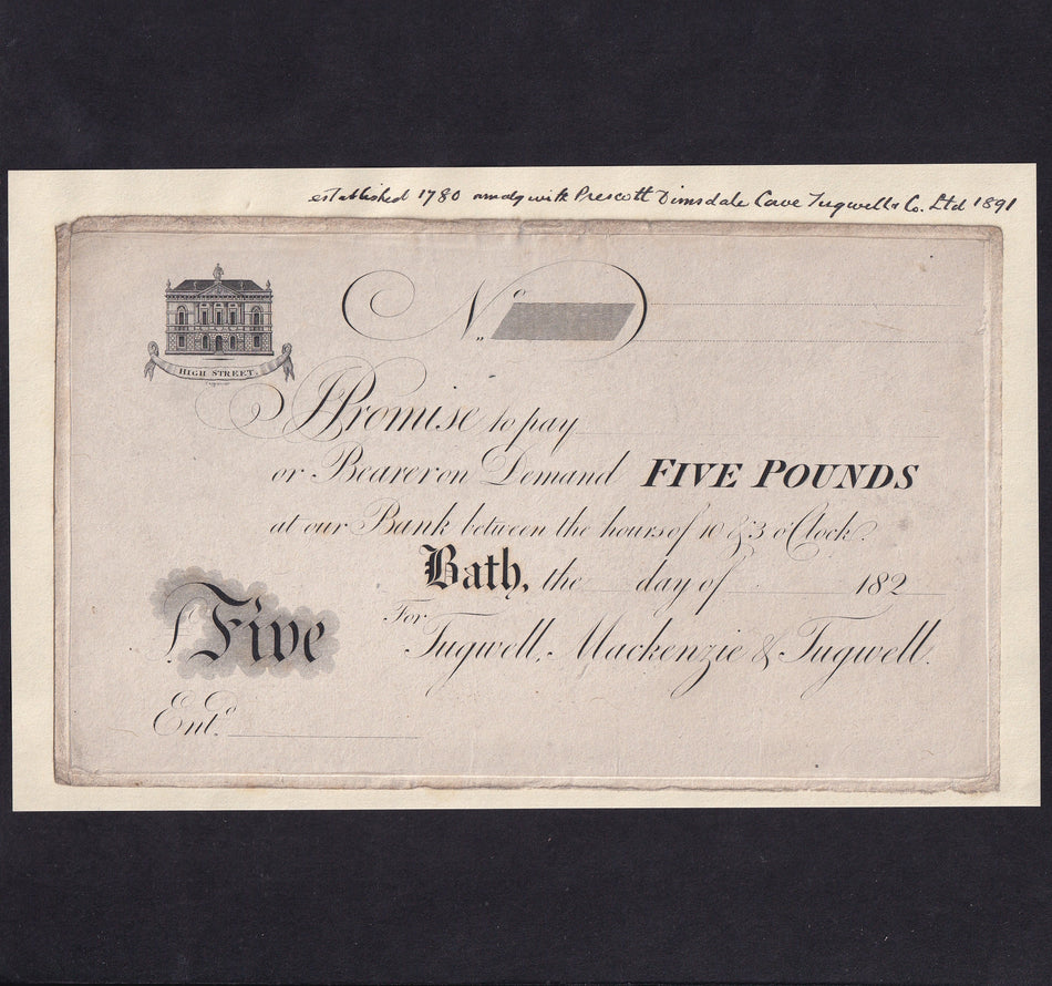 Provincial - Bath Bank, £5 obverse proof stuck to paper, 182x, for Tugwel & Co., Outing 90i, Fine