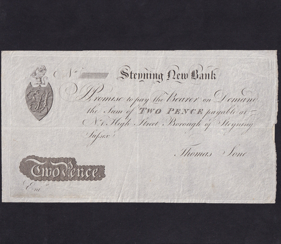 Skit Note- Steyning New Bank, 2 Pence, 18xx, Thomas Sone, Sussex