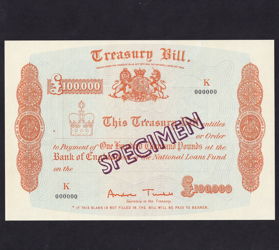 Treasury Bill £100,000 Specimen, 1998-2002, K000000, Turnbull signature, UNC