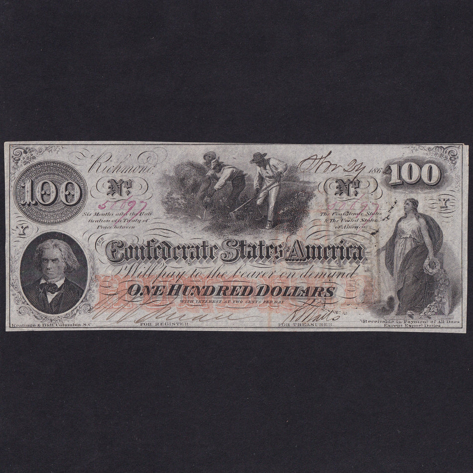 Confederate States (P45a) $100, 1862, pinhole, corner tip missing, Good EF