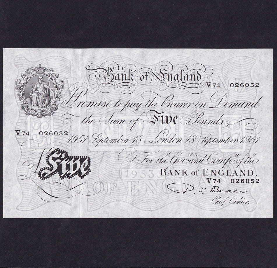 Bank of England (B270) Beale, £5, 18th September 1951, V74 026052, A/UNC