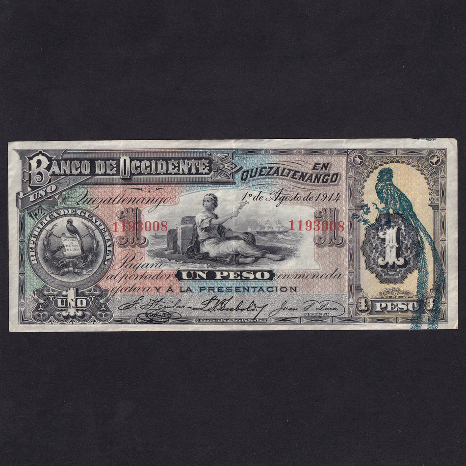 Guatemala (PS173c) Banco De Occidente, 1 Peso, 1st August 1914, no.1193008, Good Fine