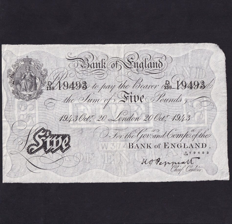 Bank of England (B241) Peppiatt, £5, 20th October 1943, D139 19493, VF