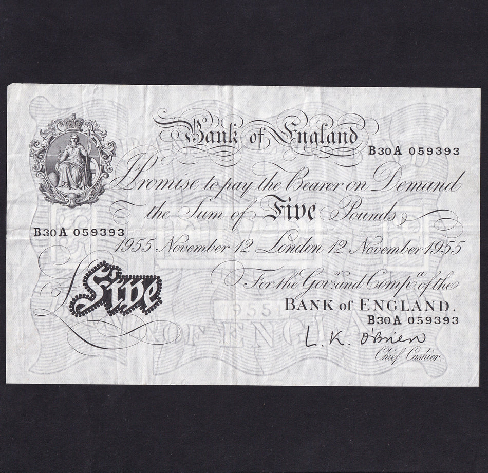 Bank of England (B276) O'Brien, £5, 12th November 1955, B30A 059393, Fine/ VF