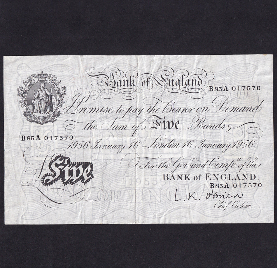 Bank of England (B276) O'Brien, £5, 16th January 1956, B85A 017570, Fine/ VF