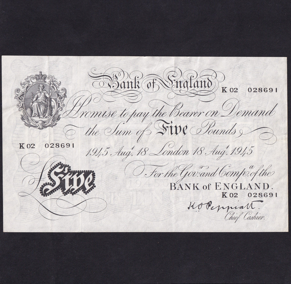 Bank of England (B255) Peppiatt, £5, 18th August 1945, thick paper, K02 028691, A/VF