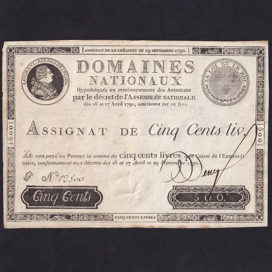 France (Assignats, PA40) 500 Livres, 29th September 1790, King Louis XVI, no.12300, rust, A/VF