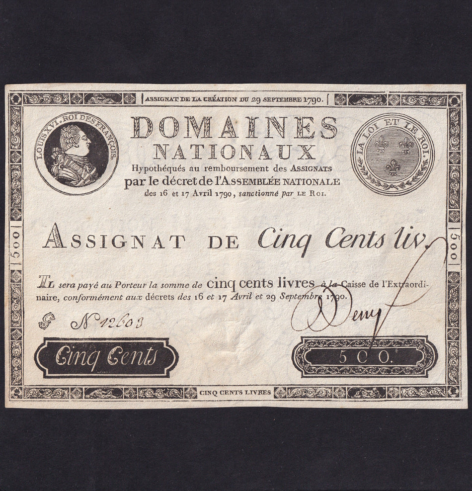 France (Assignats, PA40) 500 Livres, 29th September 1790, King Louis XVI, no. 12603, A/VF