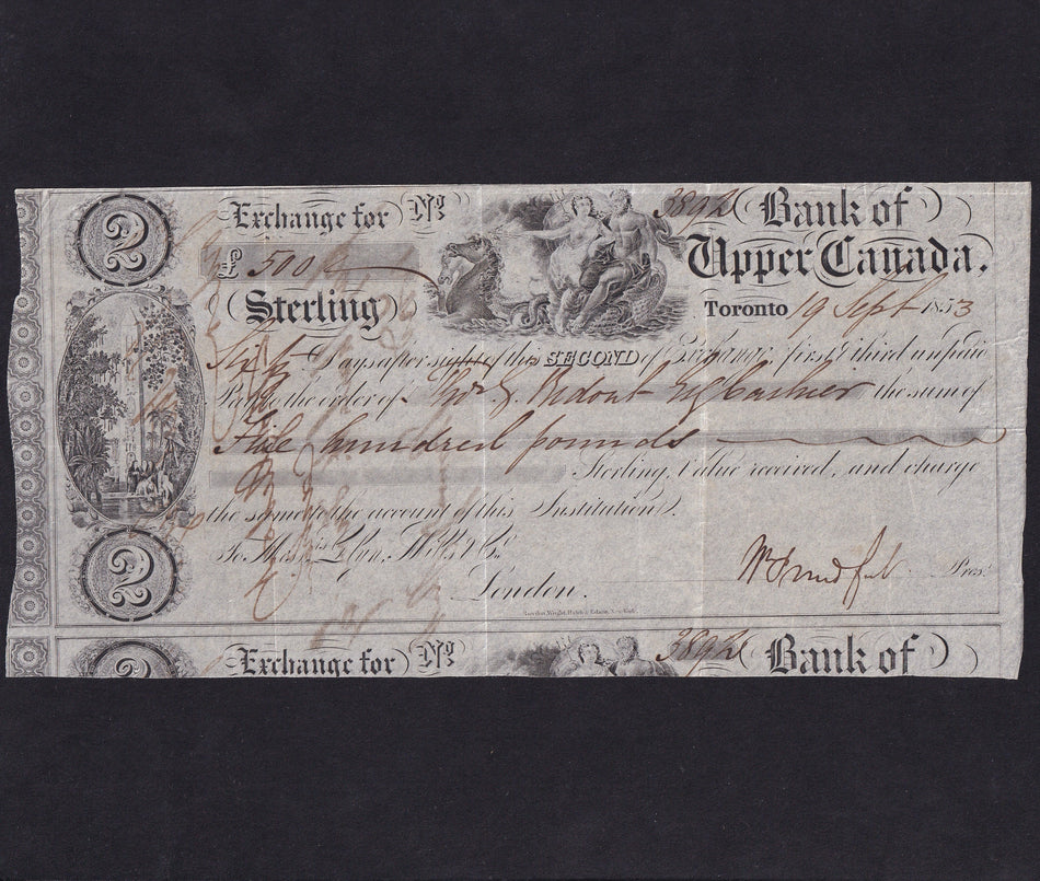 Canada, £500 sight note, 1853, for Bank of Upper Canada, Toronto, VF