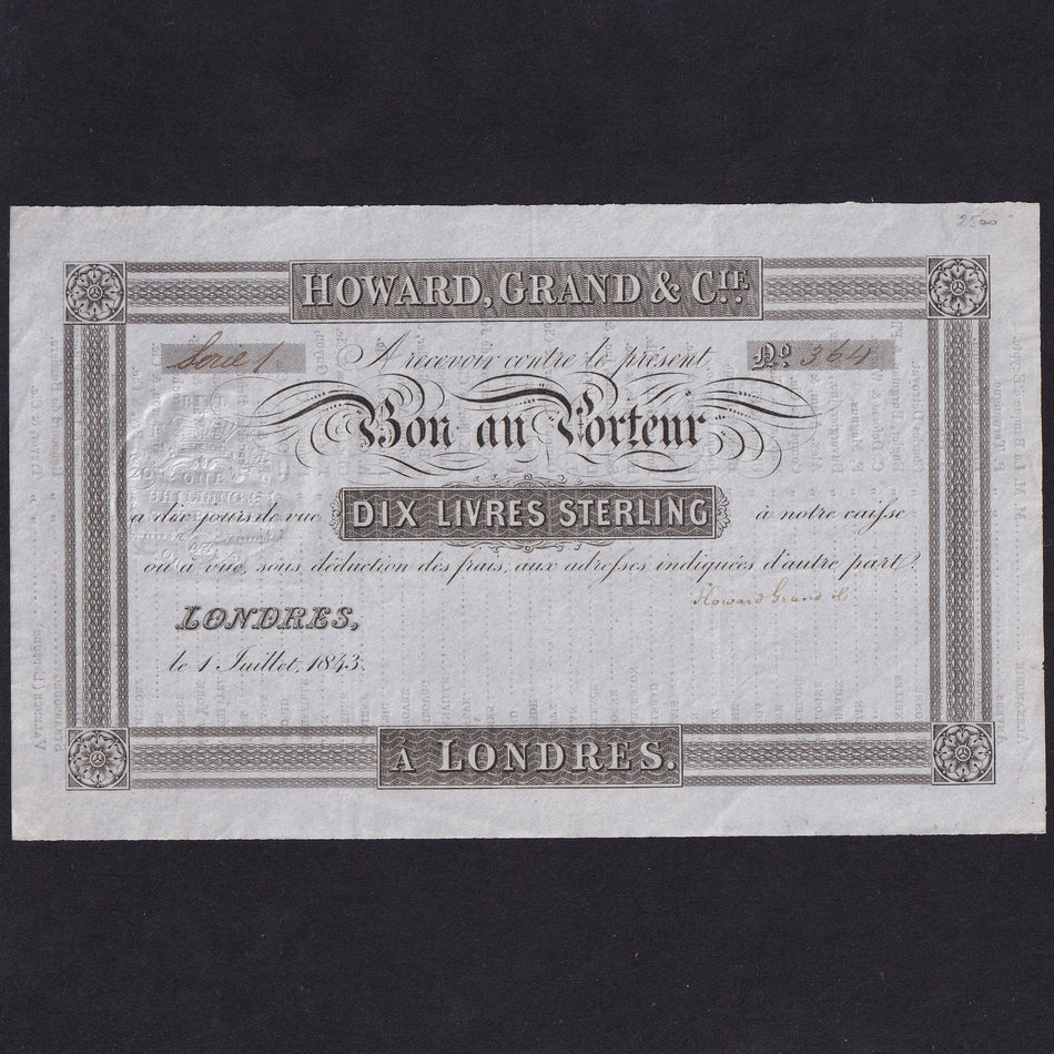 Howard, Grand & Cie., 10 Livres Sterling, 1843, unissued, this is one of the earliest travel cheques GDEF