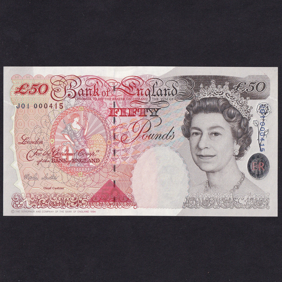 Bank of England (B385/ C147) Lowther, £50, J01 000415, normally the first 500 notes go to bank staff this did, UNC
