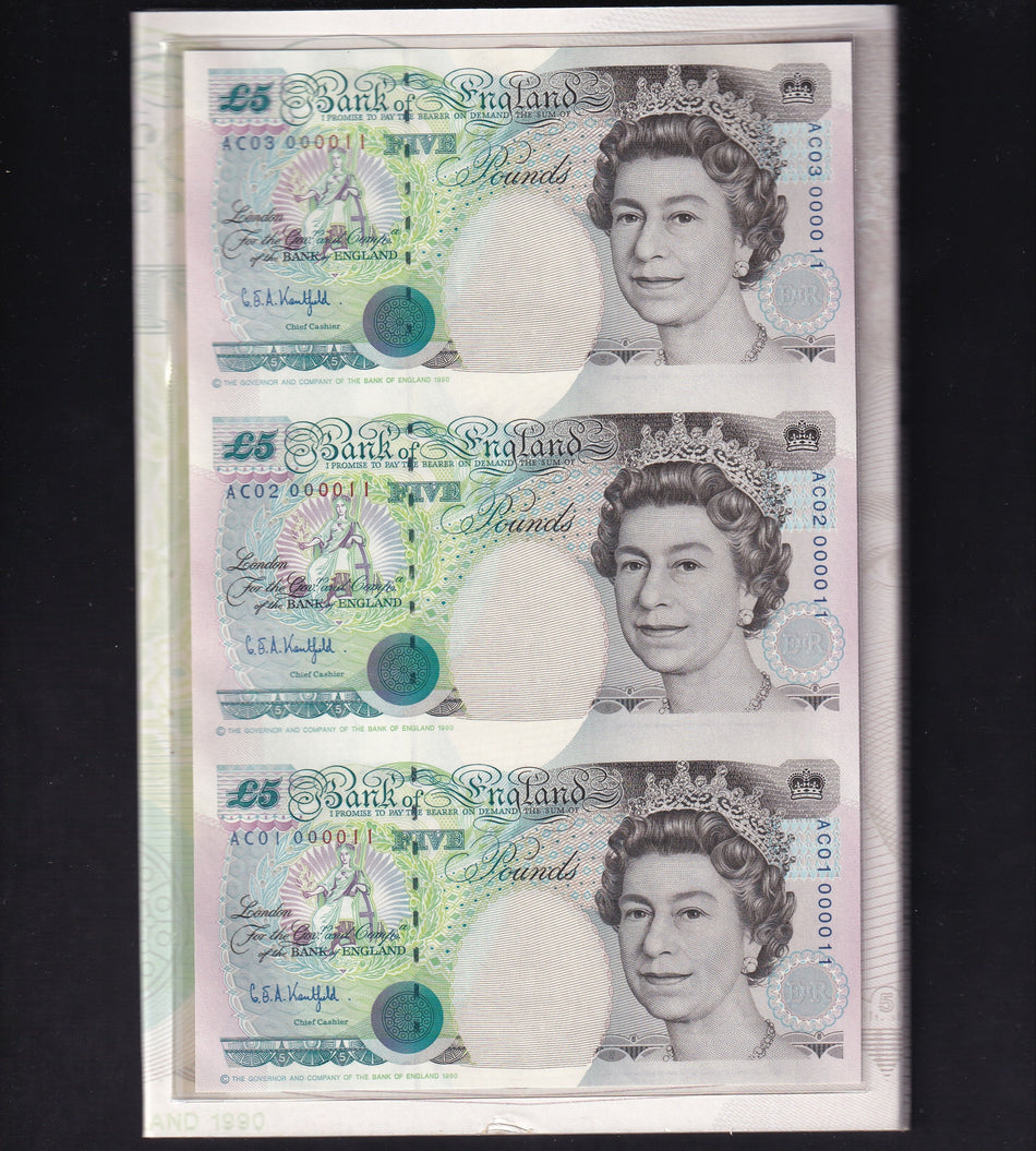 Bank of England (C108) Kentfield £5 sheetlet, AC01/ 02/ 03 000011, superb low serial, UNC