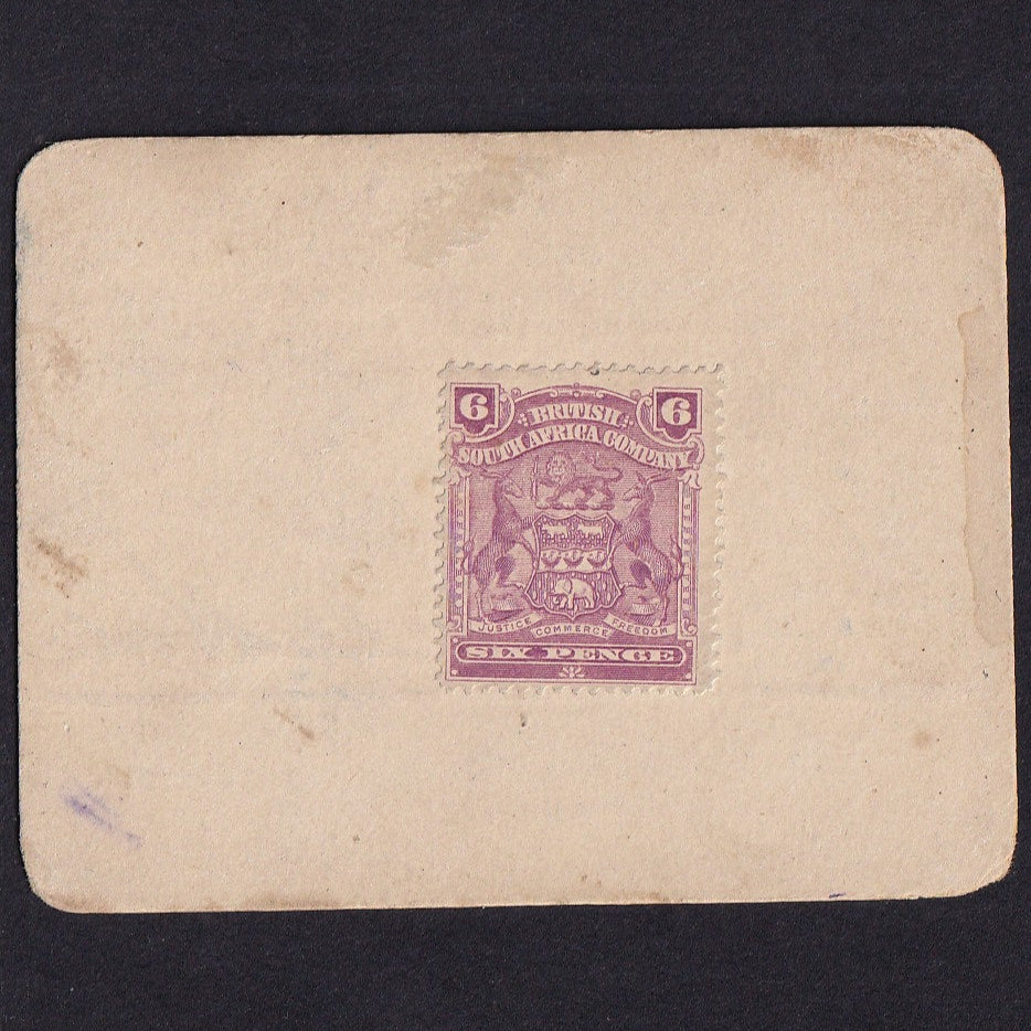 Rhodesia, Boer War Marshall Hole Card Money (PS664) 6d stamp, 1898, rubber stamp type 1, Ineson 244, stamp hinge remainder, otherwise F/VF