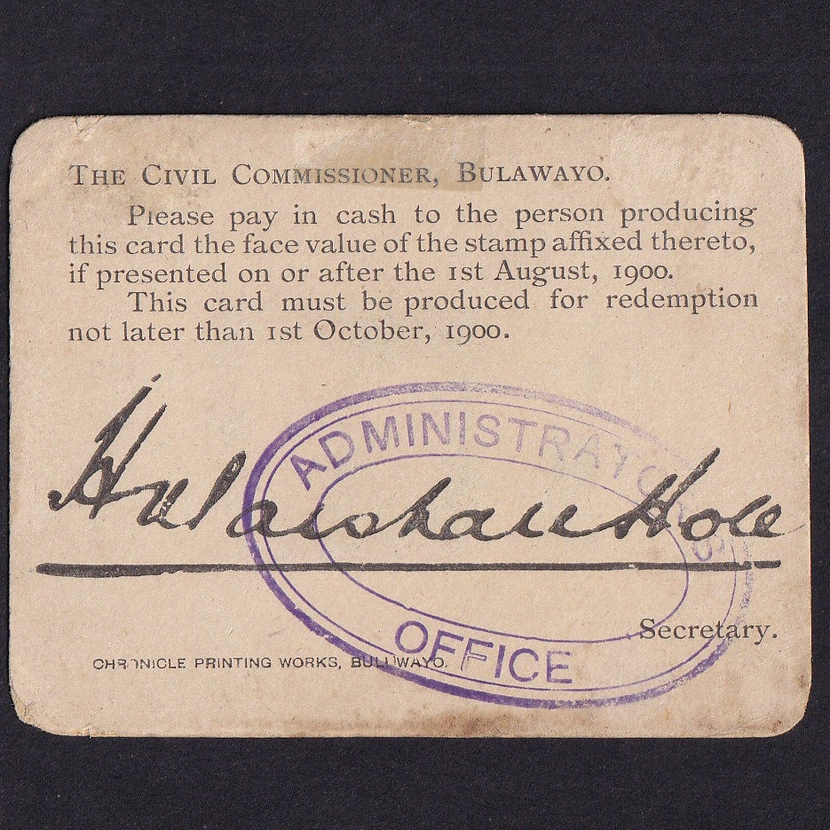 Rhodesia, Boer War Marshall Hole Card Money (PS664) 6d stamp, 1898, rubber stamp type 1, Ineson 244, stamp hinge remainder, otherwise F/VF