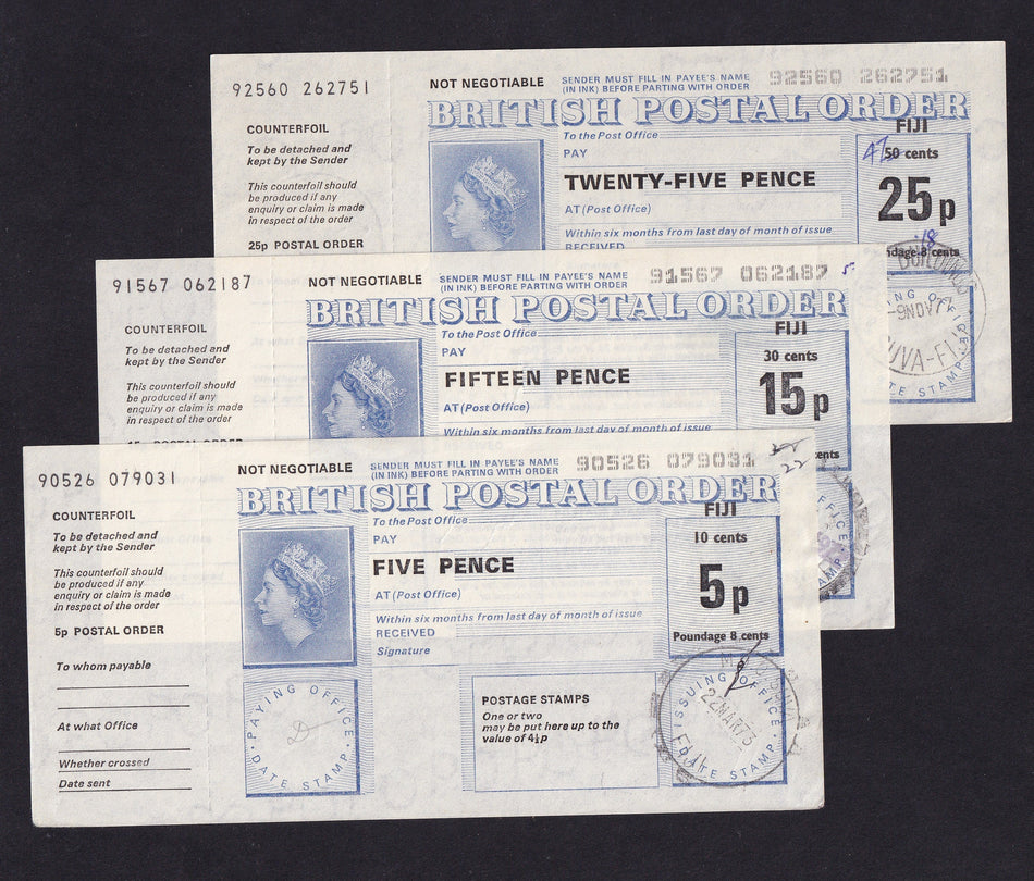 Fiji, three postal orders, 5p, 15p & 25p, 1977, Good EF