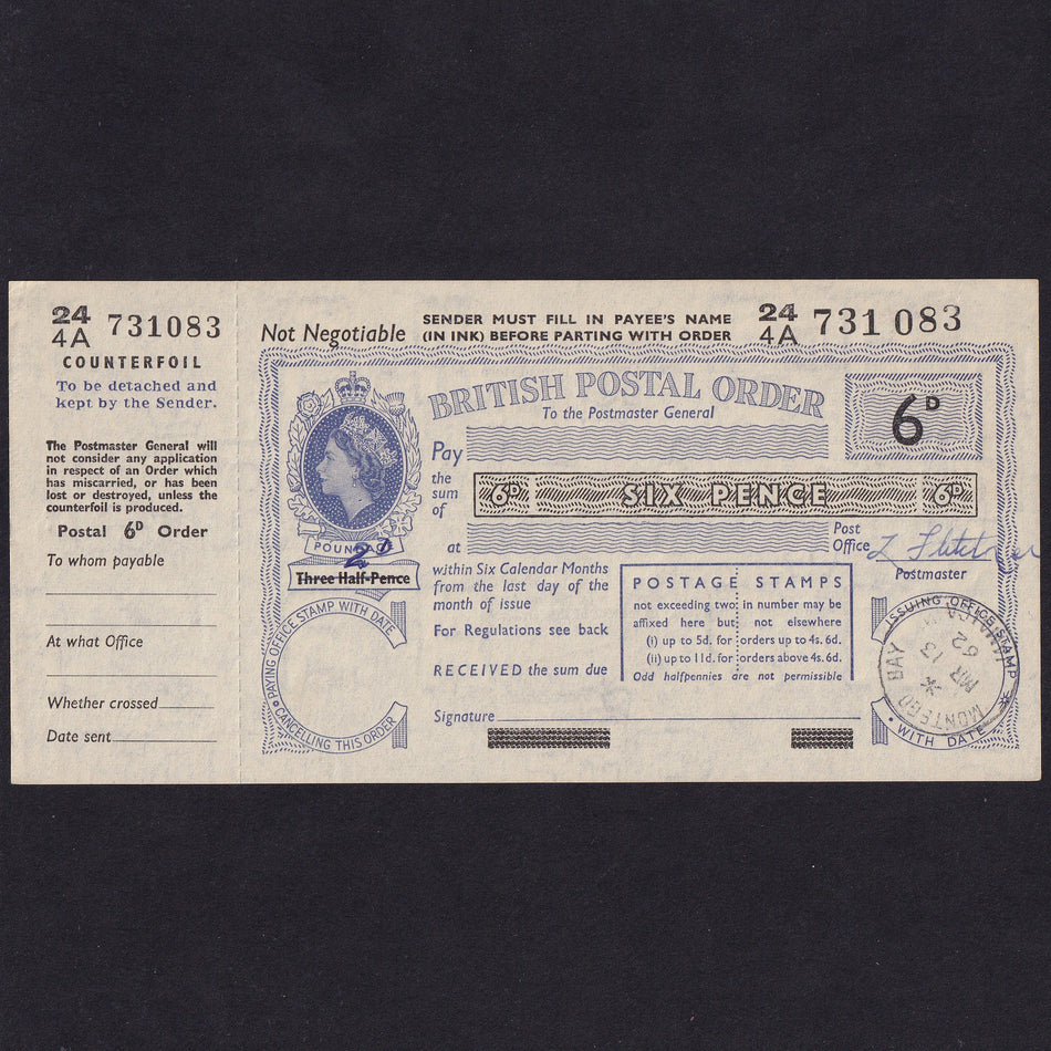 Jamaica, Six Pence Postal Order, 1962, 244A 731083, Good EF