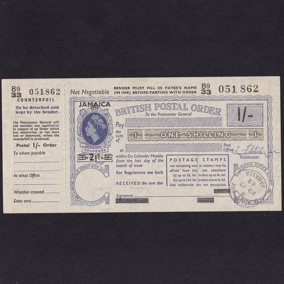 Jamaica, 1 Shilling Postal Order, 1962, B933 051862, Good EF