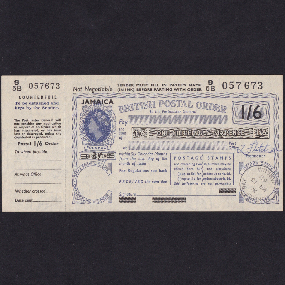 Jamaica, One Shilling & Six Pence Postal Order, 1962, 95B 057673, Good EF