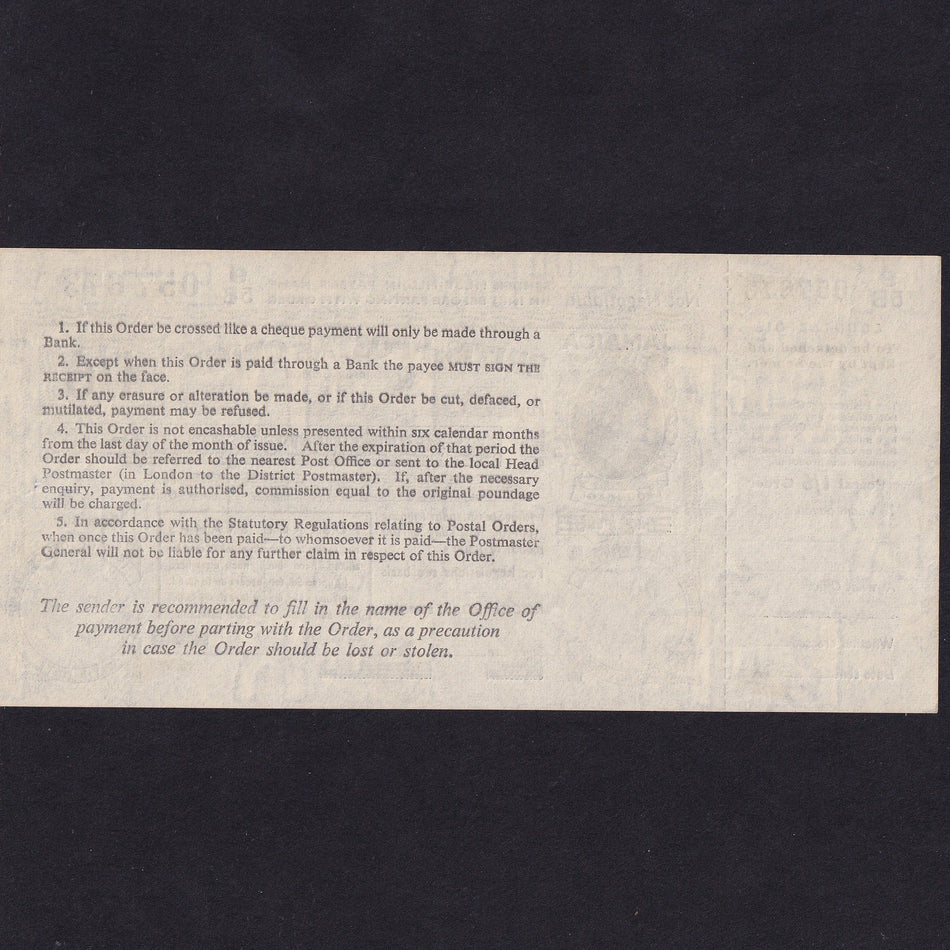 Jamaica, One Shilling & Six Pence Postal Order, 1962, 95B 057673, Good EF