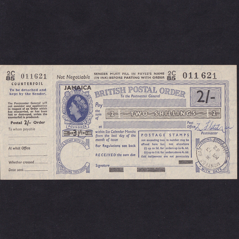 Jamaica, 2 Shillings Postal Order, 1962, 2C85 011621, Good EF