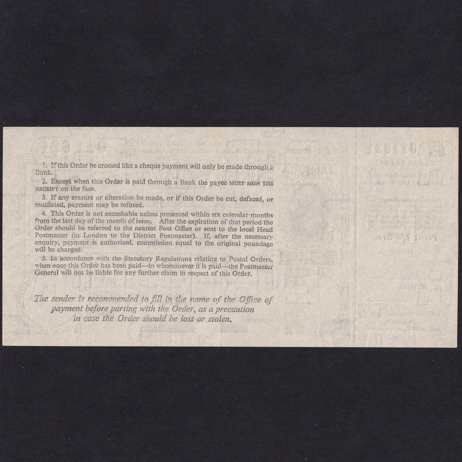 Jamaica, 2 Shillings Postal Order, 1962, 2C85 011621, Good EF
