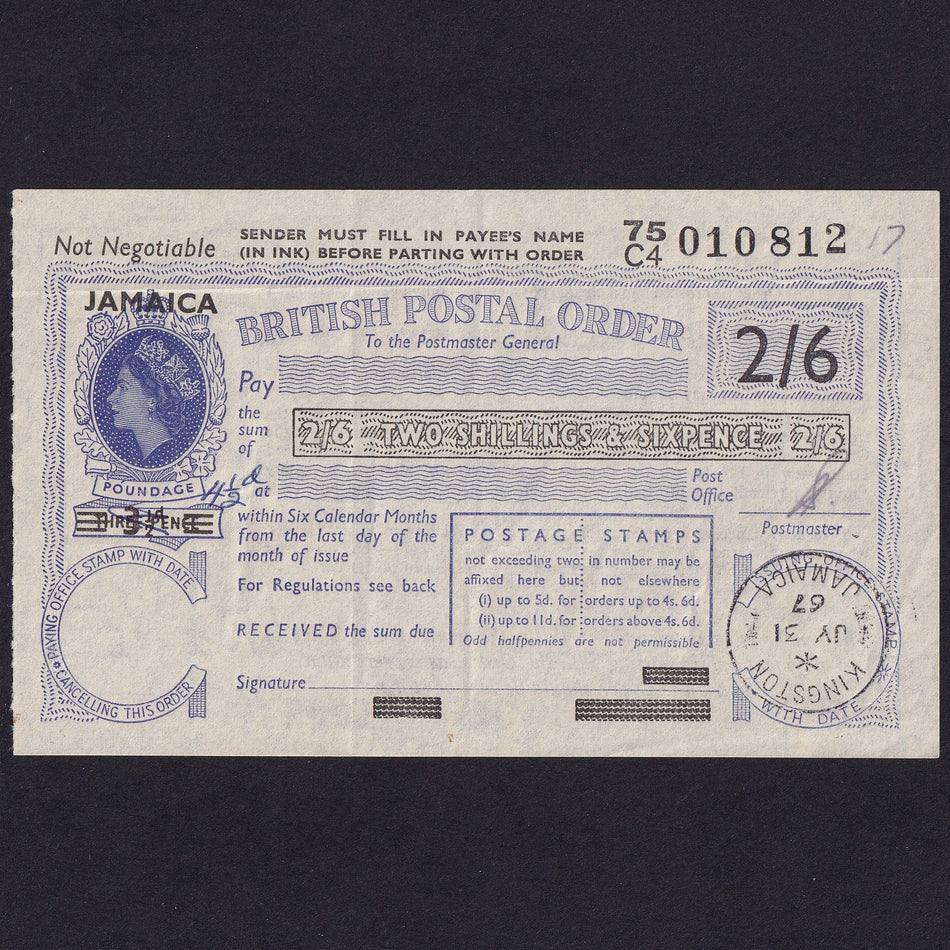 Jamaica, 2 Shillings & Six Pence Postal Order, 1967, 75C4 010812, Good EF