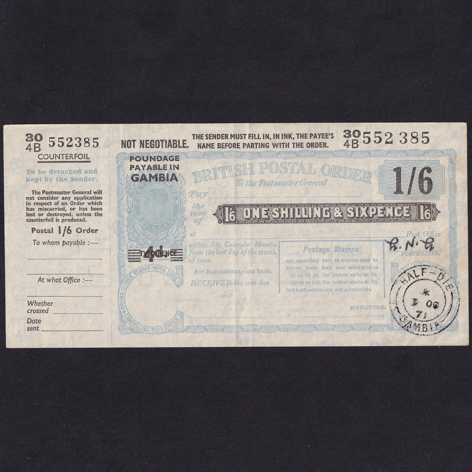 Gambia, 1 Shilling & Six Pence Postal Order, 1971, KGVI, 304B 552385, Good VF