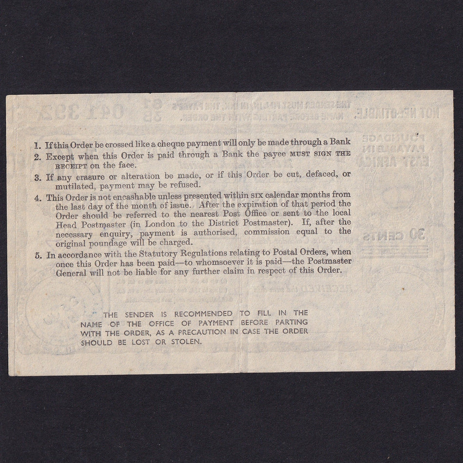 East Africa, One Shilling & Six Pence Postal Order, 1958, KGVI, 613B 014392, Good EF