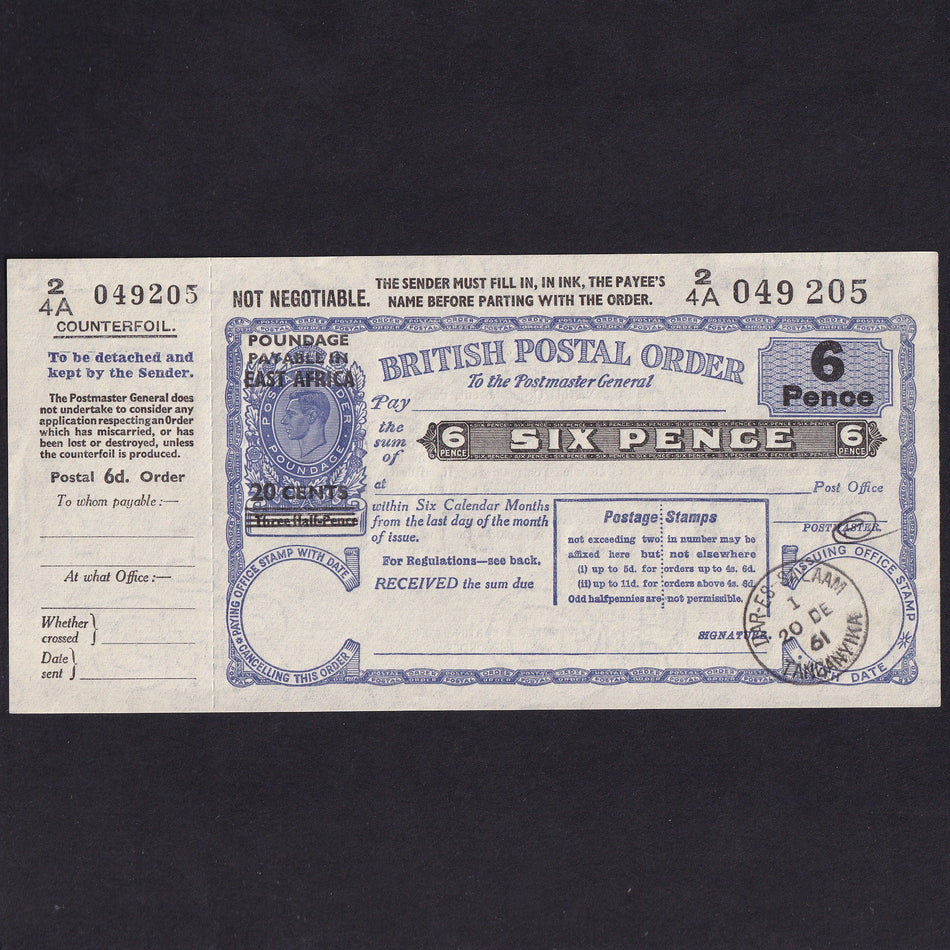 East Africa, Six Pence Postal Order, 1961, KGVI, with counterfoil, 24A 049205, Good EF