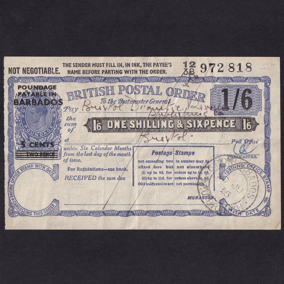 Barbados, 1 Shilling & Six Pence Postal Order, 1955, KGVI, 12/3B 972818, VF
