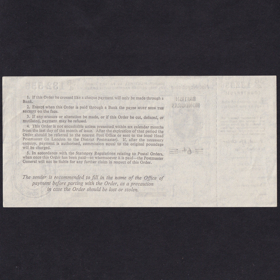 British Honduras, 1 Shilling Postal Order, 1971, QEII, 3B4 132556, Good EF