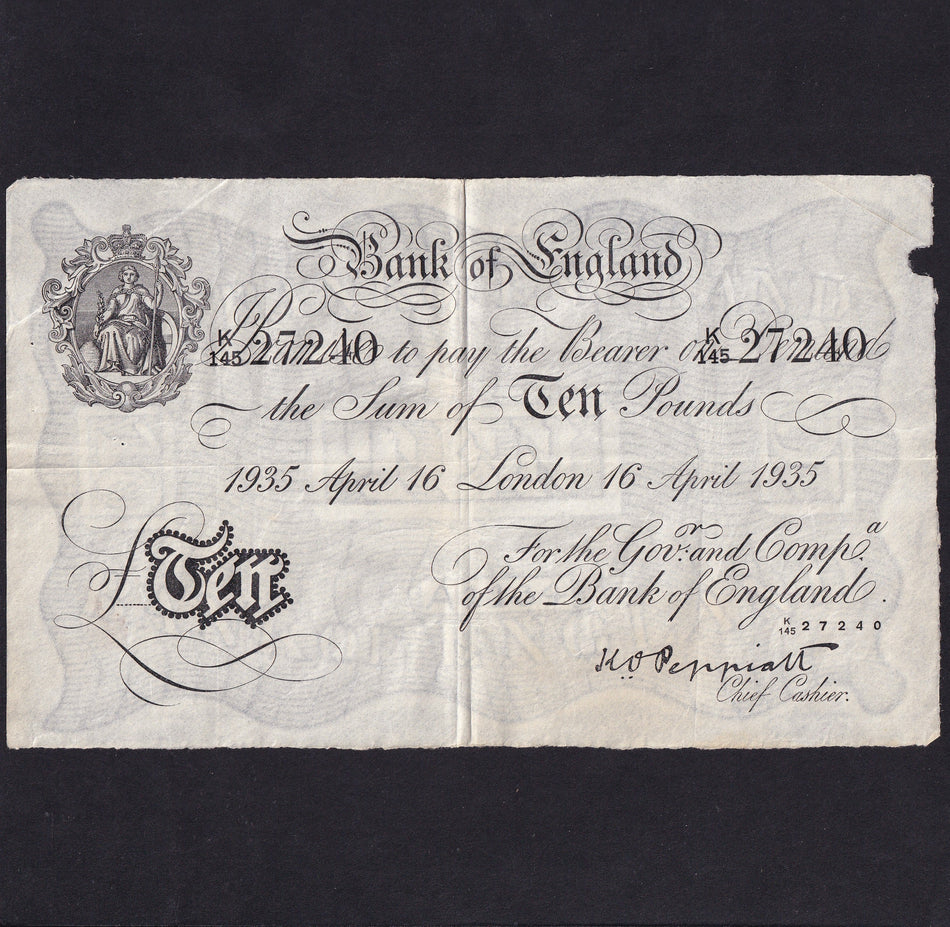 Operation Bernhard - Nazi forgery 1942-44, Peppiatt, £10, 16th April 1935, K145 27240, VF