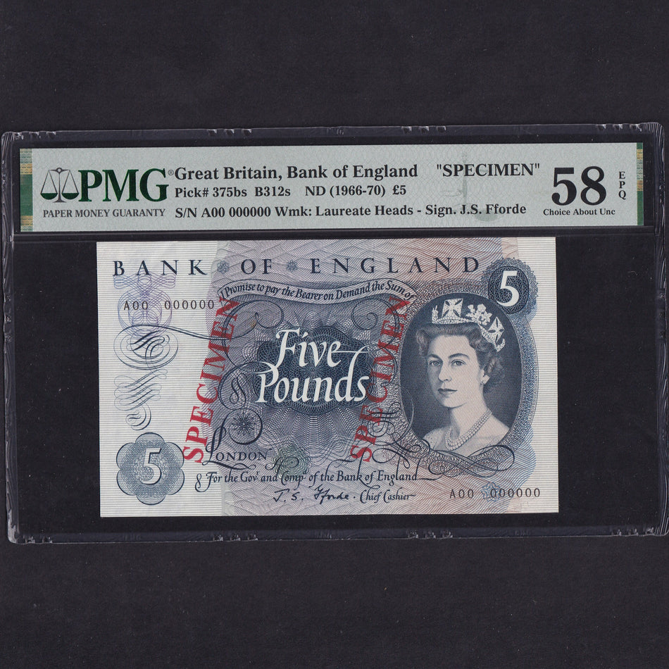 Bank of England (B312s) Fforde, £5 specimen, A00 000000, PMG58, A/UNC