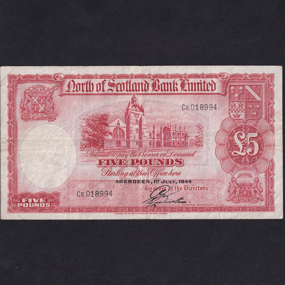 Scotland (PS645) North of Scotland Bank Limited, £5, 1st July 1944, CE018994, NS44b, Good Fine
