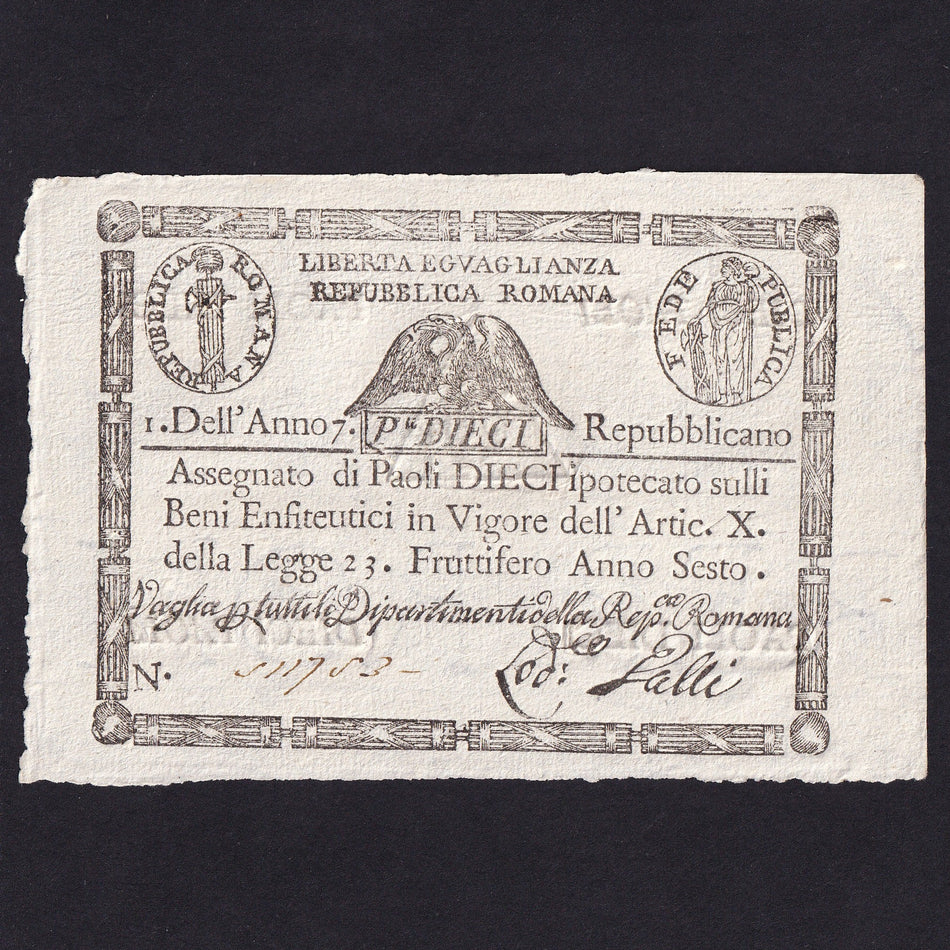 Italian States (PS540a) Romana, 10 Poali, 1798, triangle on reverse, Good EF