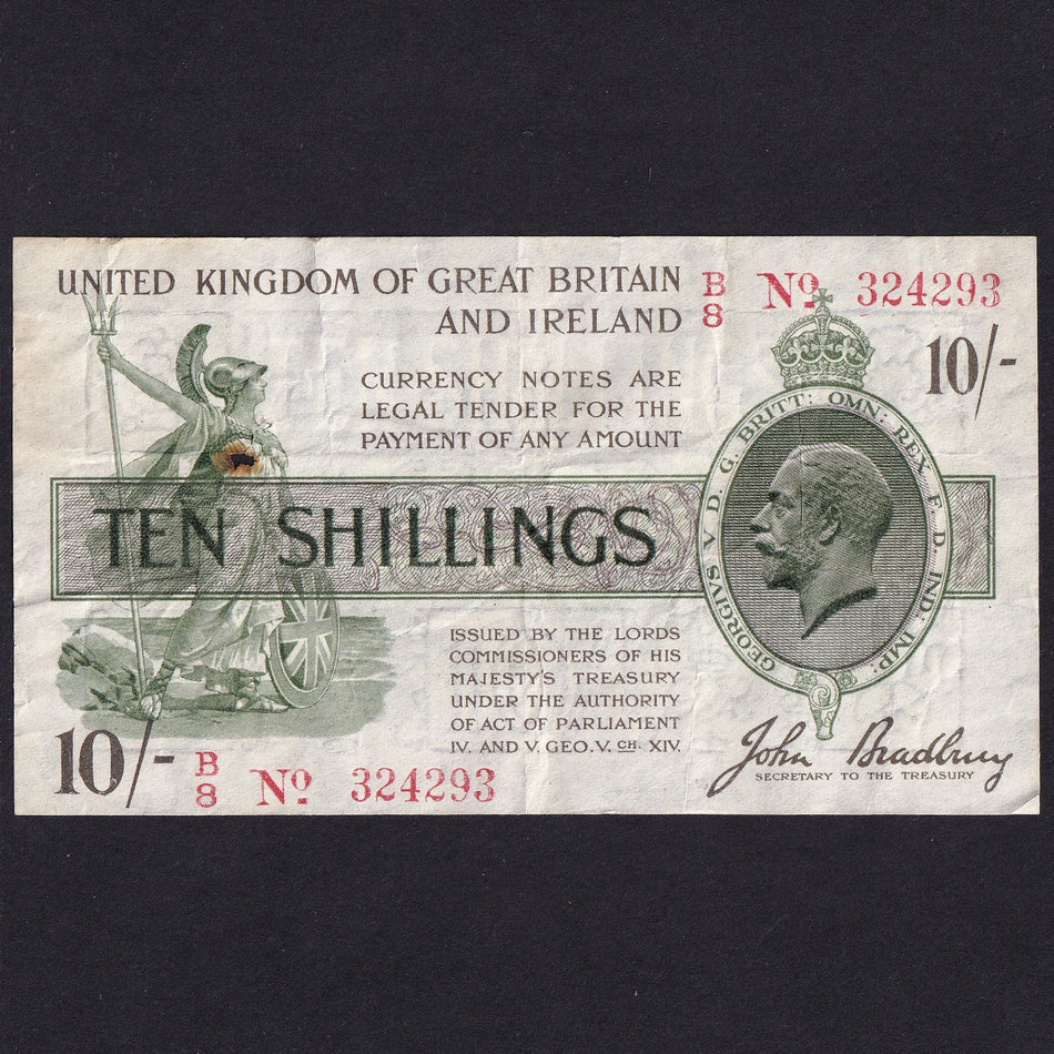 Treasury Series (T20) Bradbury, 10 Shillings, 3rd issue, B8 No.324293, A/VF