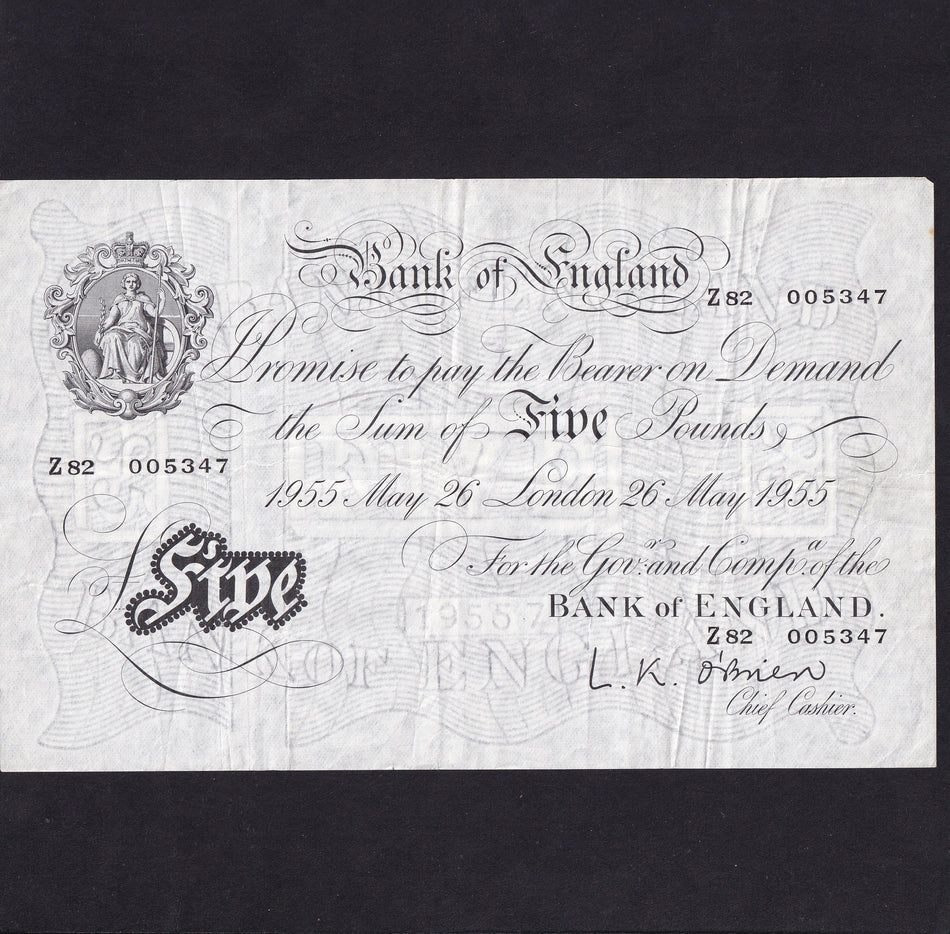 Bank of England (B275) O'Brien, £5, 26th May 1955, Z82 005347, Fine/VF