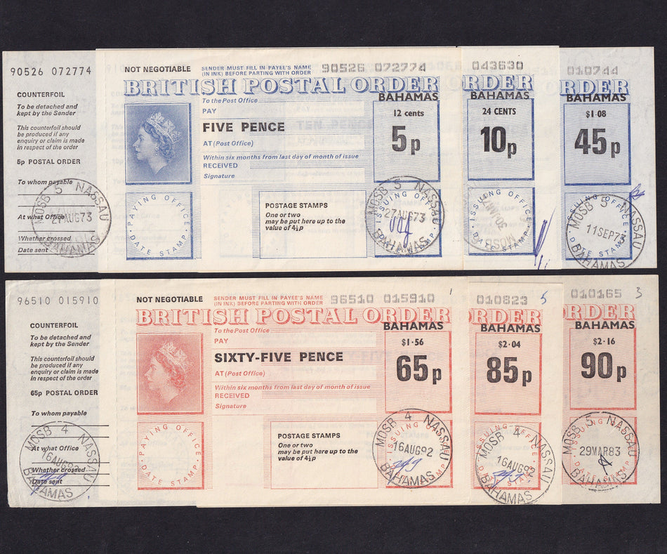 Bahamas, Six Postal Orders: 5p, 10p, 45p (1973). 65p, 85p (1992), 90p (1983), Good EF