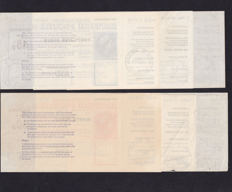 Bahamas, Six Postal Orders: 5p, 10p, 45p (1973). 65p, 85p (1992), 90p (1983), Good EF