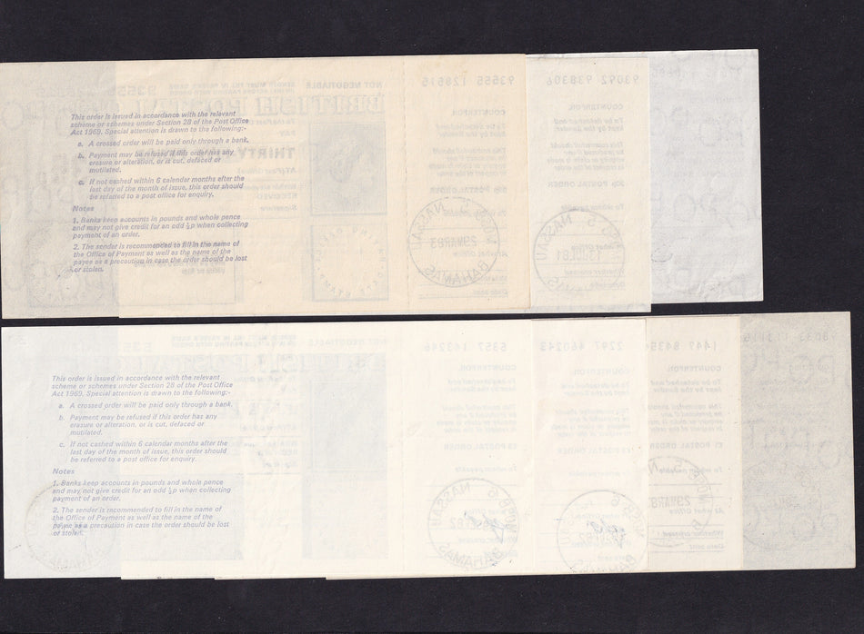 Bahamas, group of 7 postal orders, 25p, 30p, 35p, 80p, £1, £2 & £5, 1980s, Good EF
