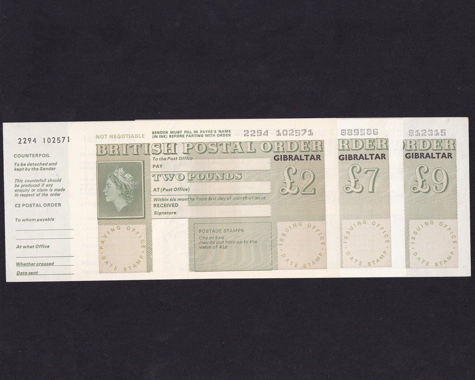 Gibraltar, 13 Postal Orders Set: 10p, 20p, 25p, 30p, 40p, 50p, 60p, 65p, 80p, £1, £2, £7 & £9, 1980s, Good EF