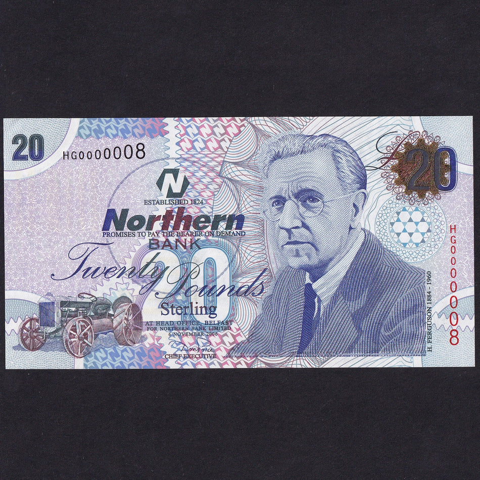 Northern Ireland, Northern Bank, £20, 6th November 2006, HG0000008, first prefix of date, NR130, UNC