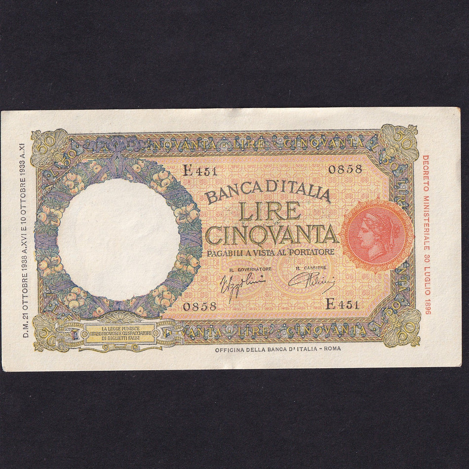 Italy (P54b) 50 Lire, 1938, Azzolini/Urbini, she-wolf with twins reverse, Good EF