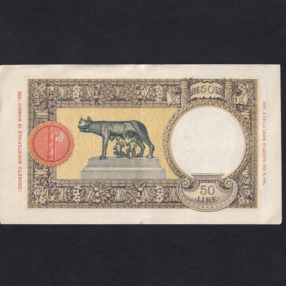 Italy (P54b) 50 Lire, 1938, Azzolini/Urbini, she-wolf with twins reverse, Good EF