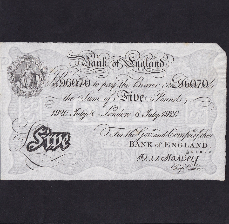 Bank of England (B209a) Harvey, £5, 8th July 1920, A32 96070, small date stamp reverse, otherwise Good VF